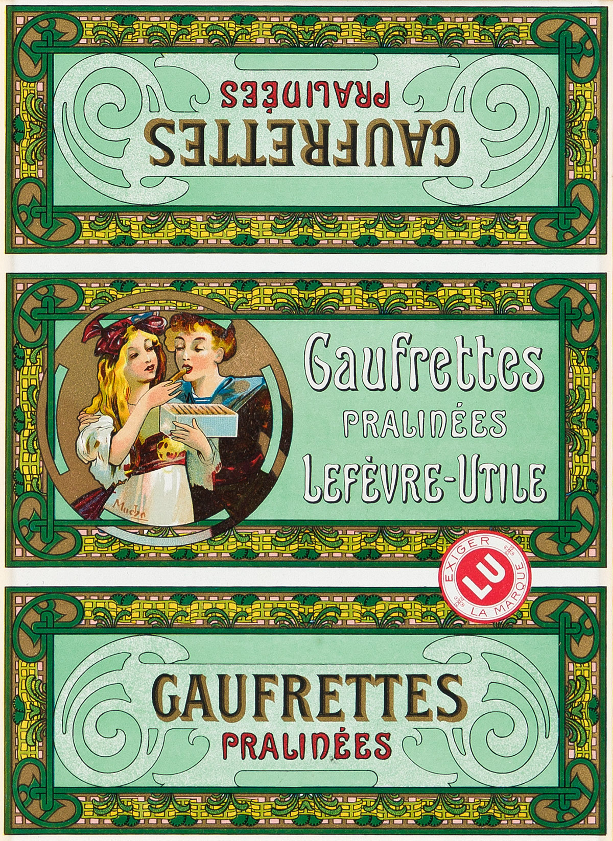 ALPHONSE MUCHA (1860-1939).  LEFÈVRE - UTILE BISCUITS. Two biscuit tin labels. Circa 1900. Each approximately 11½x8 inches, 29¼x20¼ cm.